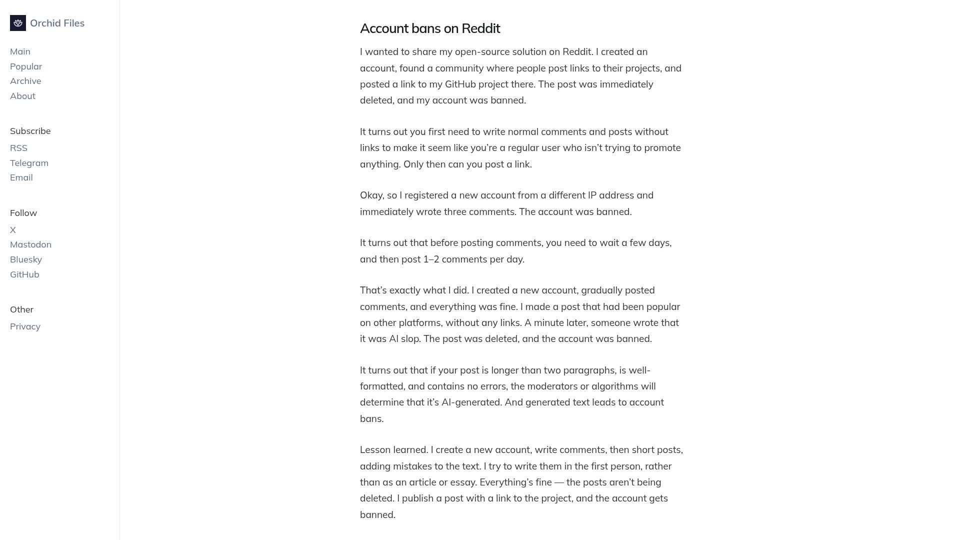 Screenshot of orchidfiles.com: Account bans on Reddit