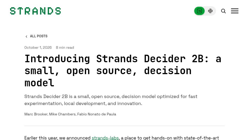 Screenshot of strandsagents.com: Strands Decider 2B: a small, open-source, decision model