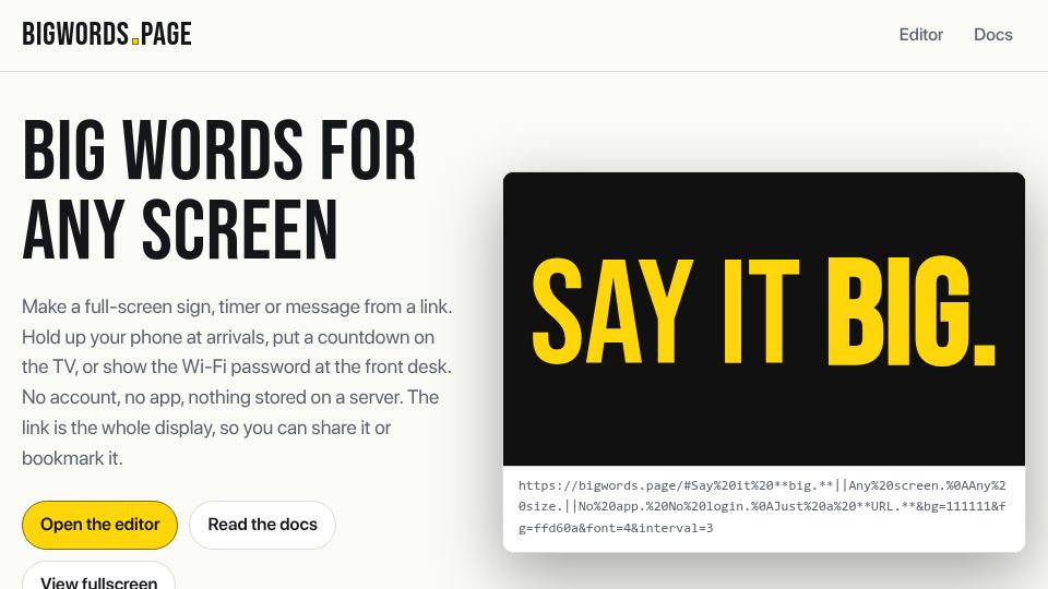 Screenshot of bigwords.page: Show HN: Bigwords.page – Turn any screen into a sign. The URL is the app