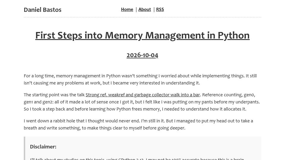 Screenshot of tech.daniellbastos.com.br: First Steps into Memory Management in Python