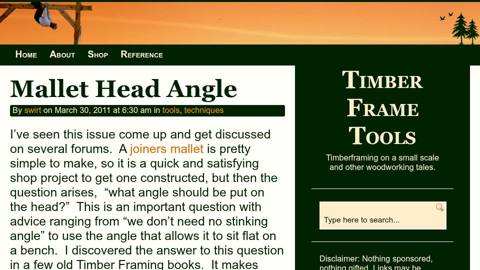 Screenshot of timberframe-tools.com: Mallet Head Angle