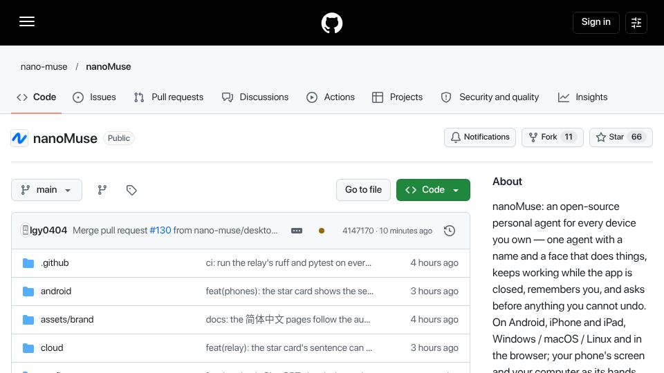 Screenshot of github.com: Show HN: NanoMuse – An open-source AI agent for your phone and computer