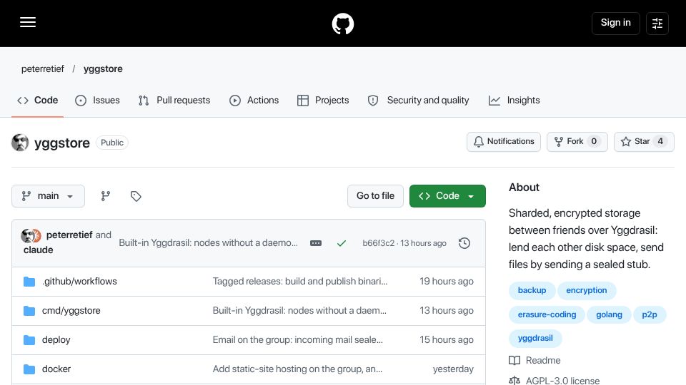 Screenshot of github.com: Sharded, encrypted storage between friends over Yggdrasil