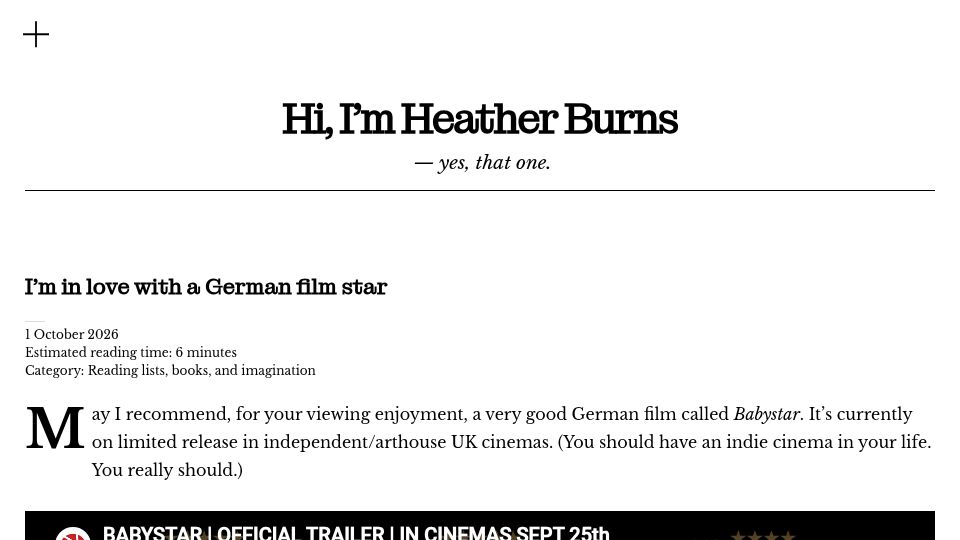 Screenshot of heatherburns.tech: I'm in love with a German film star