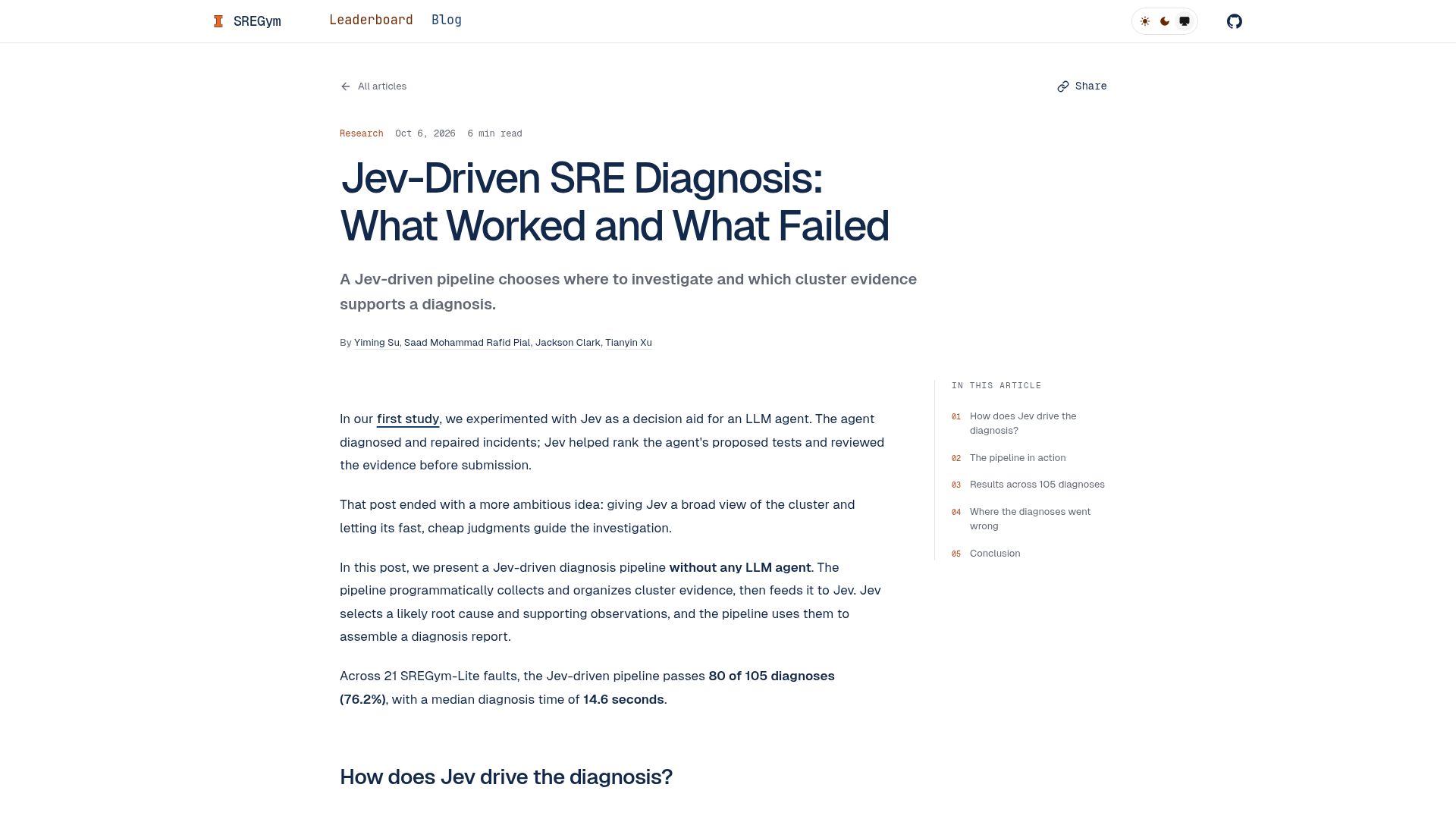 Screenshot of sregym.com: Jev-Driven SRE Diagnosis: What Worked and What Failed