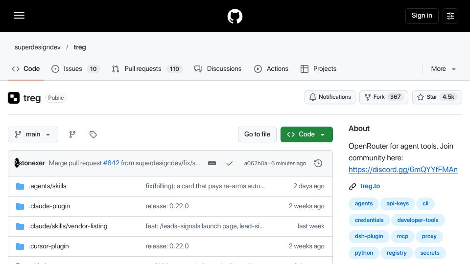 Screenshot of github.com: Treg (OpenRouter for Tools)