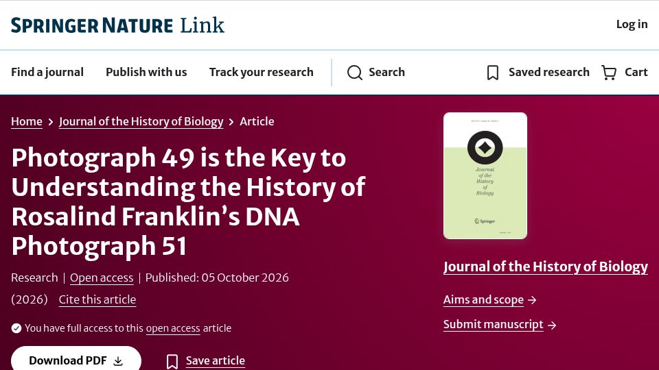 Screenshot of link.springer.com: Photograph 49 is the key to understanding Rosalind Franklin’s DNA Photograph 51