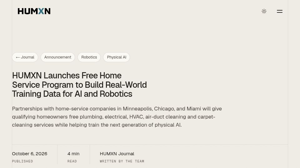 Screenshot of humxn.io: AI firm HUMXN offers free plumbing and HVAC service in Minnesota to train robots
