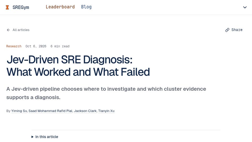 Screenshot of sregym.com: Jev-Driven SRE Diagnosis: What Worked and What Failed