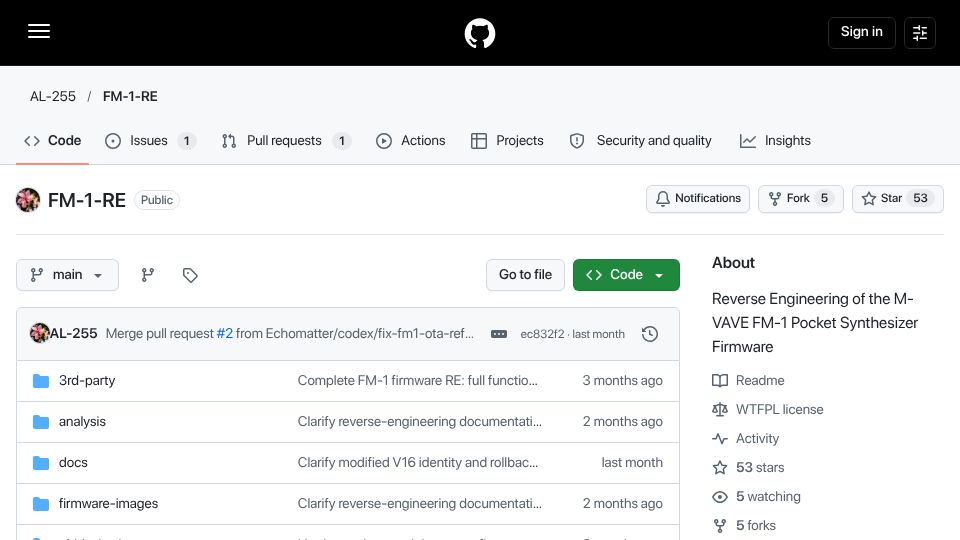 Screenshot of github.com: Reverse Engineering of the M-VAVE FM-1 Pocket Synthesizer Firmware