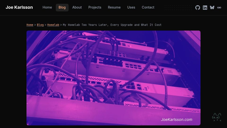 Screenshot of joekarlsson.com: My Homelab Two Years Later, Every Upgrade and What It Cost