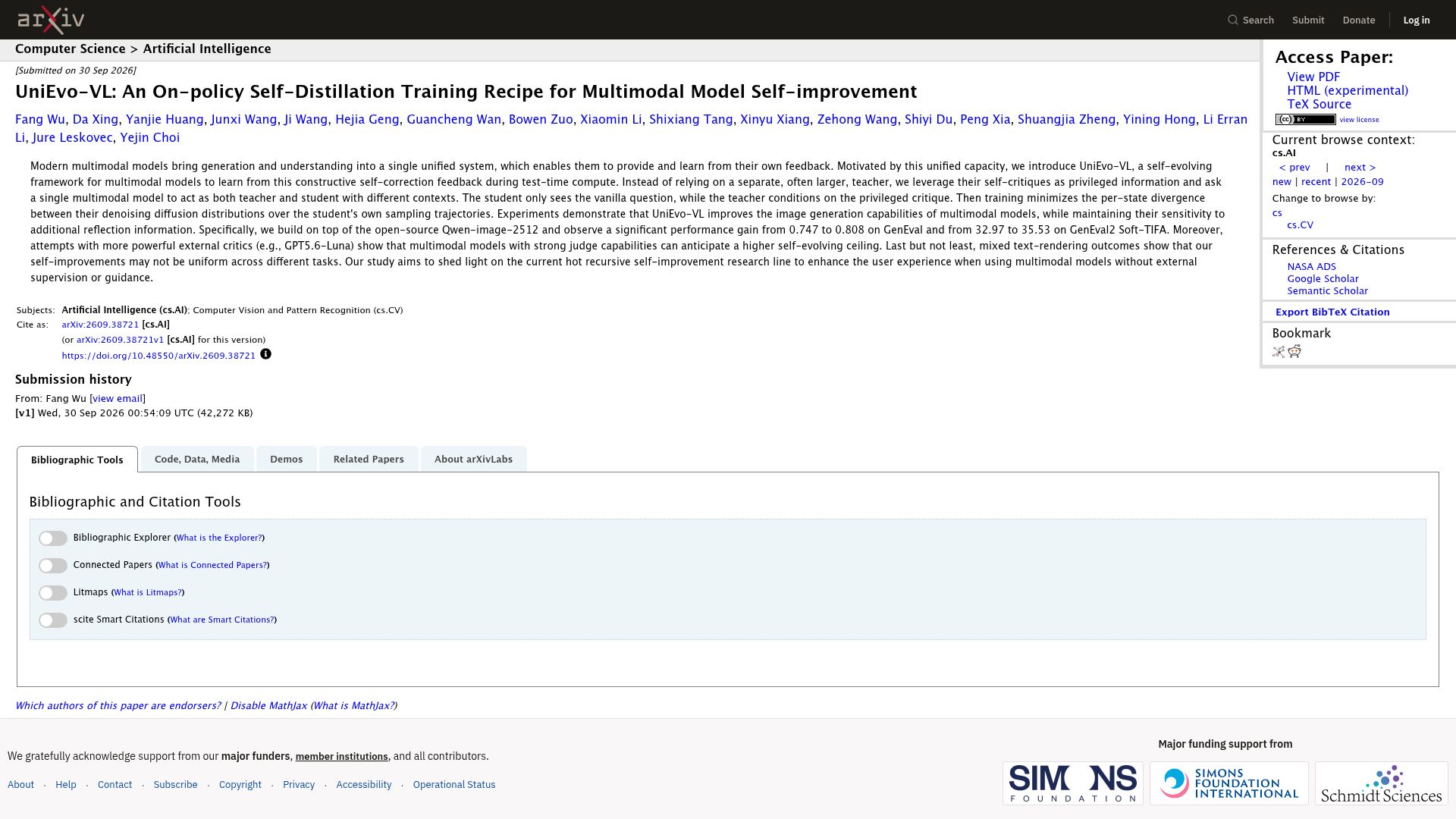 Screenshot of arxiv.org: UniEvo-VL: Self-Distillation Training for Multimodal Model Self-Improvement