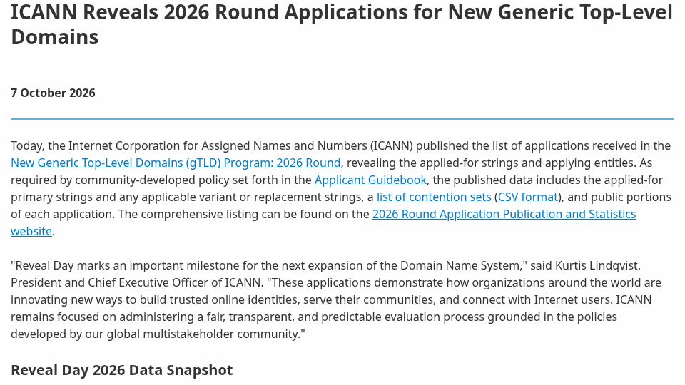Screenshot of icann.org: ICANN Reveals 2026 Round Applications for New Generic Top-Level Domains