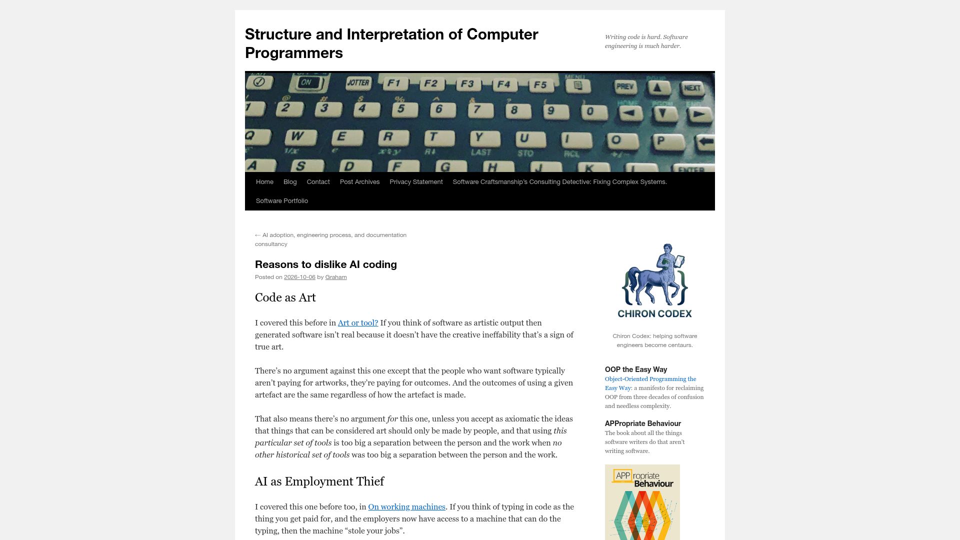 Screenshot of sicpers.info: Reasons to Dislike AI Coding