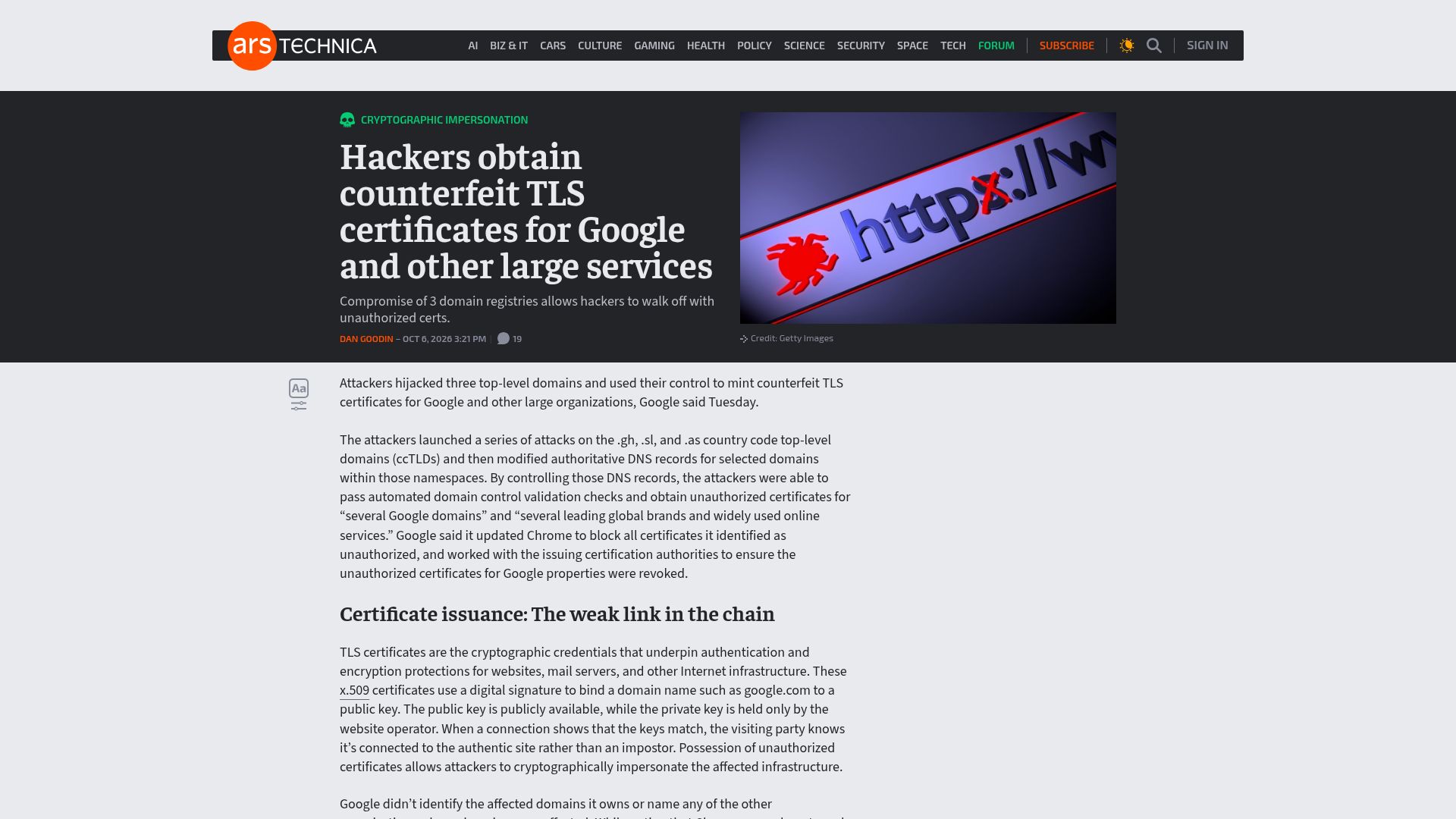 Screenshot of arstechnica.com: Hackers obtain counterfeit TLS certificates for Google and other large services
