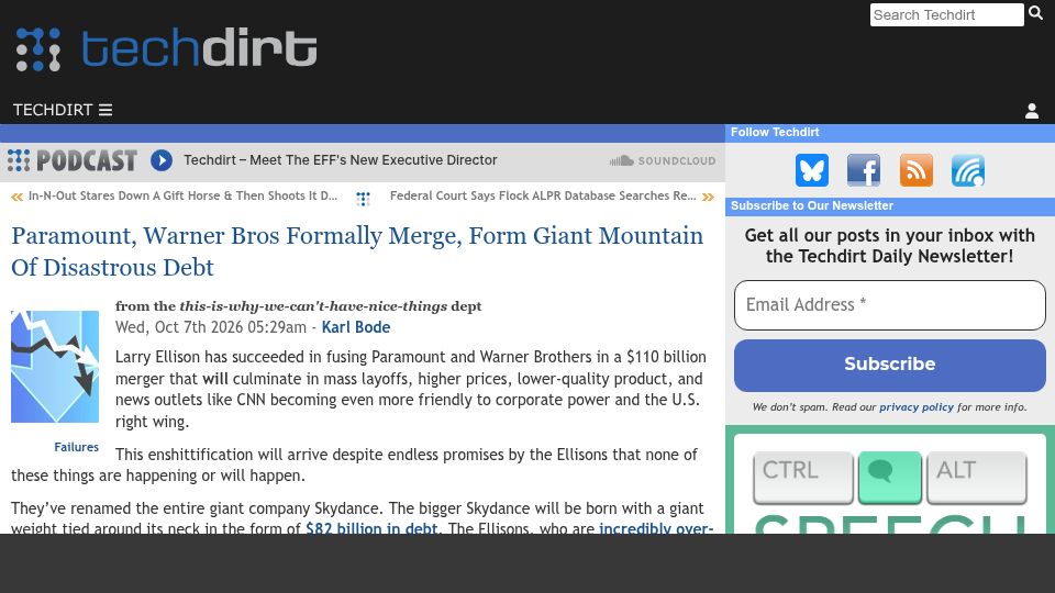 Screenshot of techdirt.com: Paramount, Warner Bros Formally Merge, Form Giant Mountain of Disastrous Debt