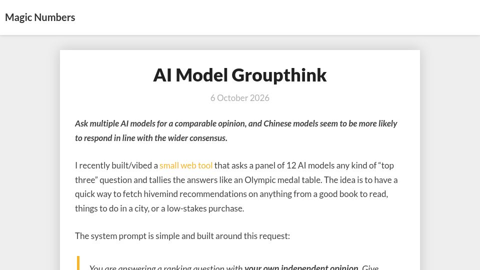 Screenshot of magicnumbers.io: AI Model Groupthink
