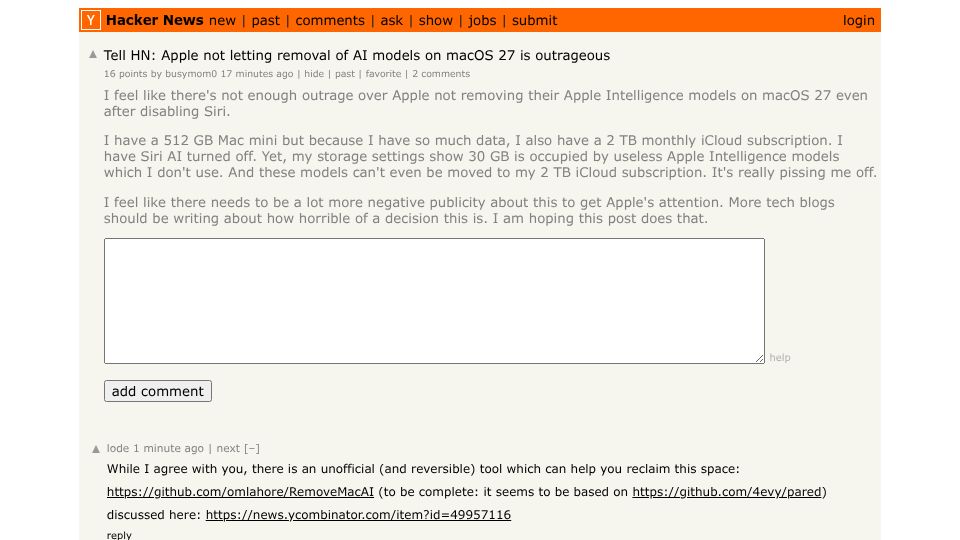 Screenshot of Hacker News post: Tell HN: Apple not letting removal of AI models on macOS 27 is outrageous
