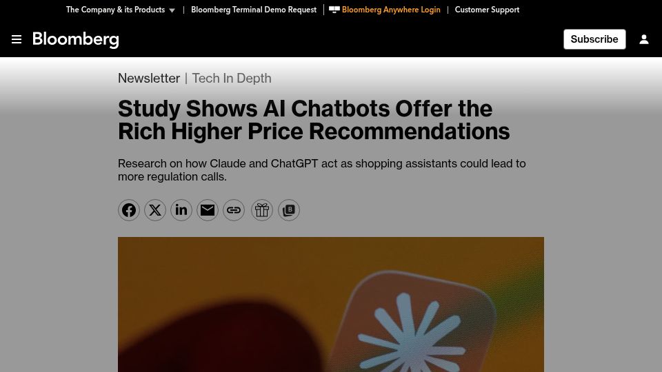 Screenshot of bloomberg.com: Study: Claude, ChatGPT Offer Different Shopping Prices Based on Wealth