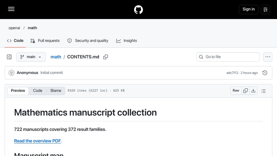 Screenshot of github.com: OpenAI releases 722 math manuscripts