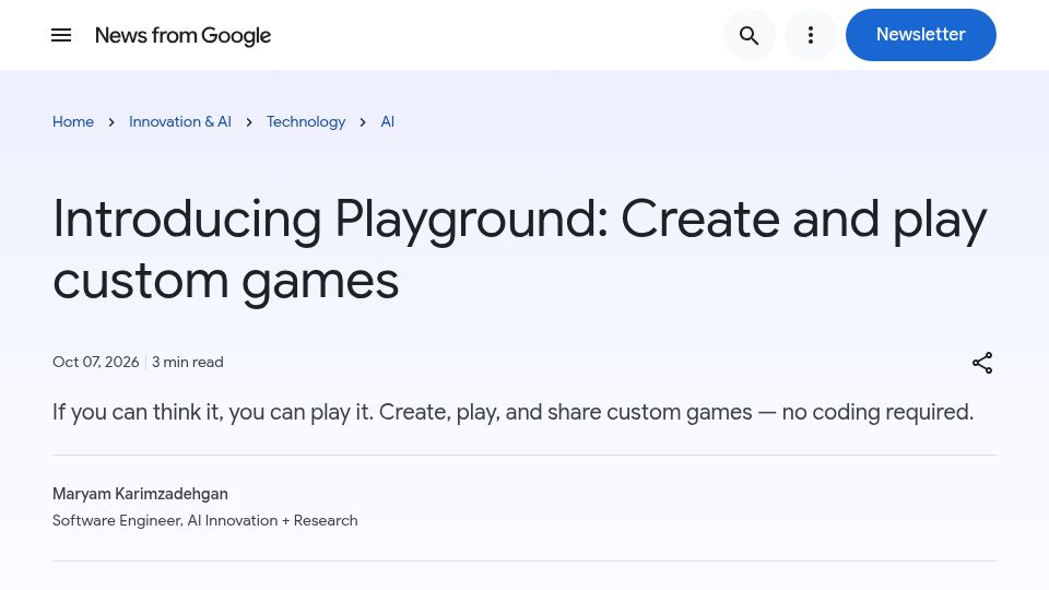 Screenshot of blog.google: Google Playground: Create and play custom games