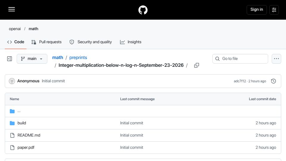 Screenshot of github.com: Integer multiplication below n log n