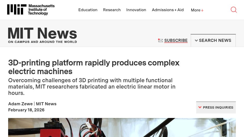 Screenshot of news.mit.edu: 3D-printing platform rapidly produces complex electric machines