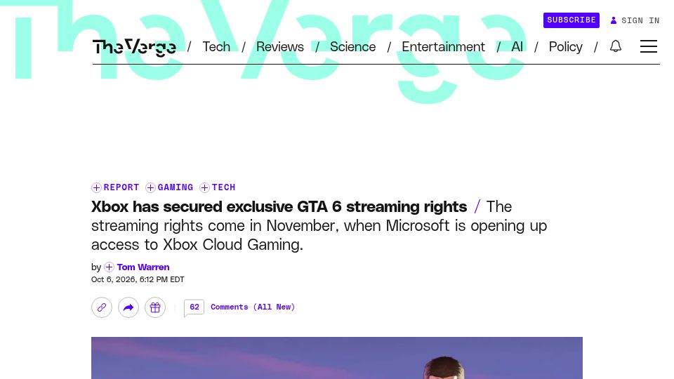 Screenshot of theverge.com: Xbox has secured exclusive GTA 6 streaming rights