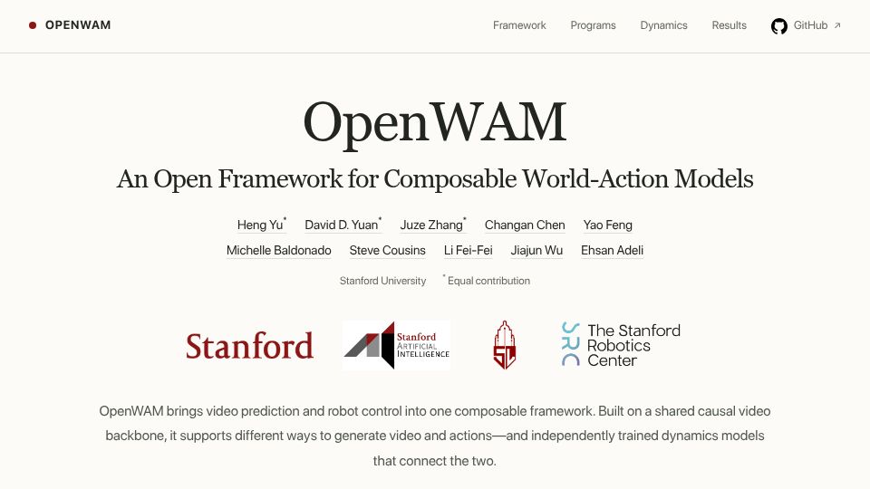 Screenshot of openwam.stanford.edu: OpenWAM: An Open Framework for Composable World-Action Models