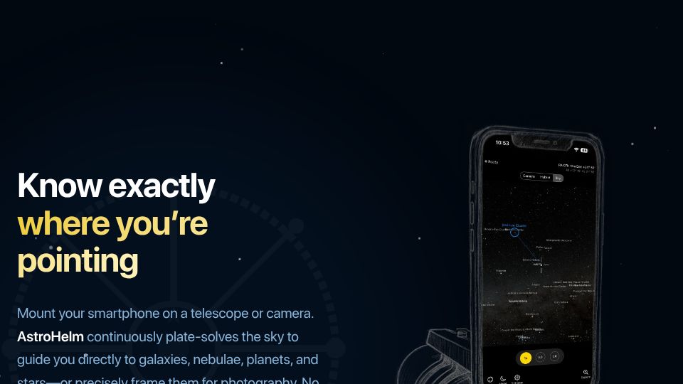 Screenshot of astrohelm.app: Show HN: AstroHelm – Use your phone camera to aim a telescope or telephoto lens