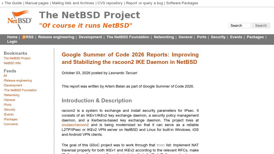 Screenshot of blog.netbsd.org: Improving and Stabilizing the Racoon2 IKE Daemon in NetBSD