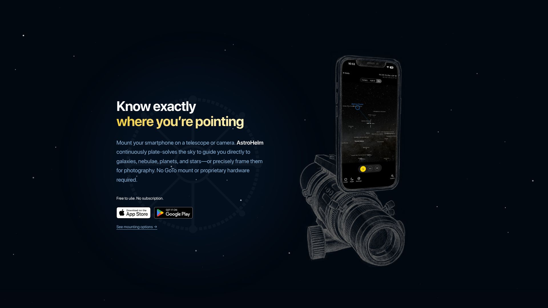 Screenshot of astrohelm.app: Show HN: AstroHelm – Use your phone camera to aim a telescope or telephoto lens