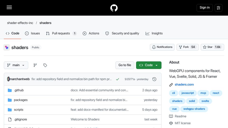 Screenshot of github.com: Shaders, WebGPU Components for React, Vue, Svelte, Solid, JavaScript and Framer