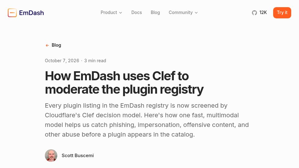 Screenshot of emdashcms.com: EmDash uses Clef to moderate the plugin registry