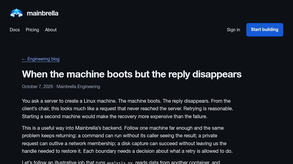 Screenshot of mainbrella.com: When the machine boots but the reply disappears
