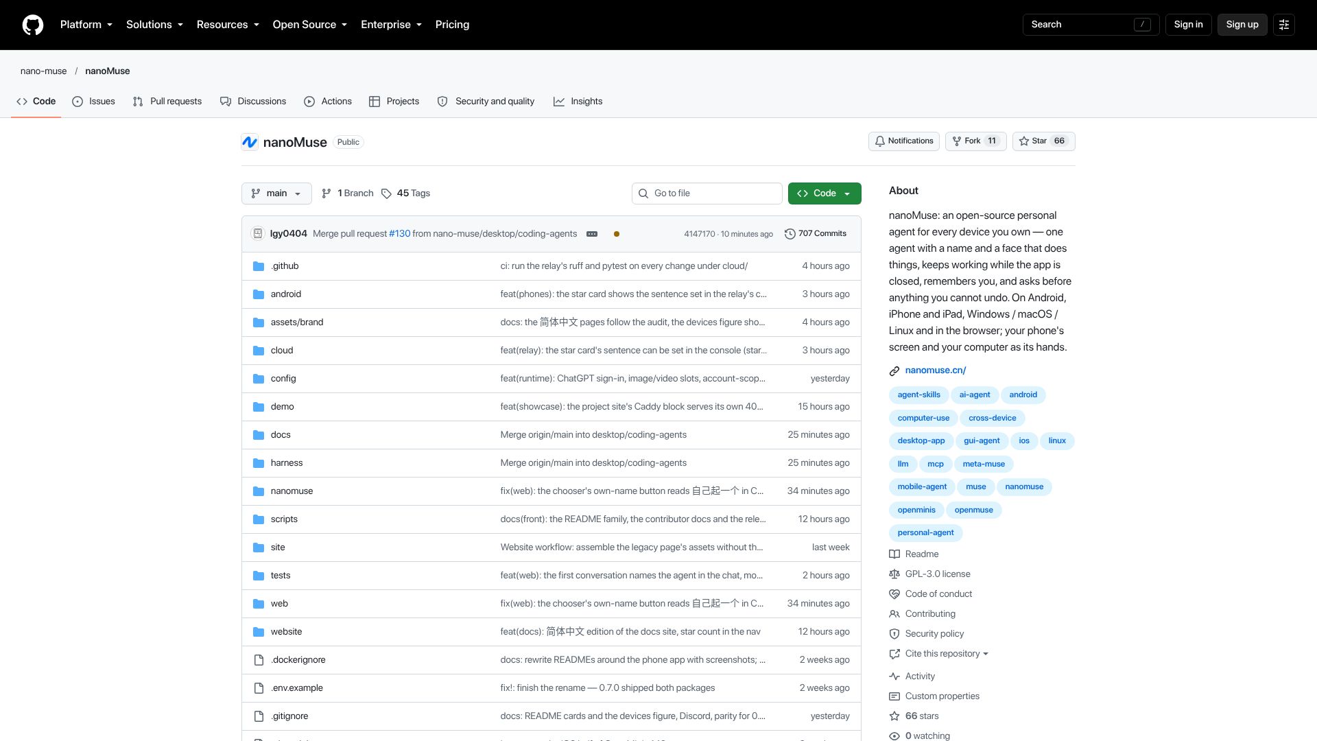 Screenshot of github.com: Show HN: NanoMuse – An open-source AI agent for your phone and computer