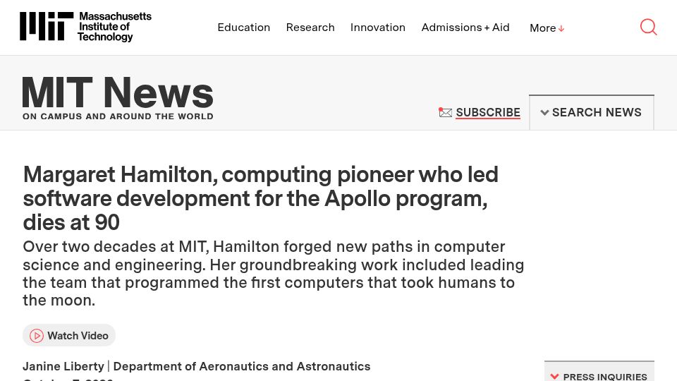 Screenshot of news.mit.edu: Margaret Hamilton has died