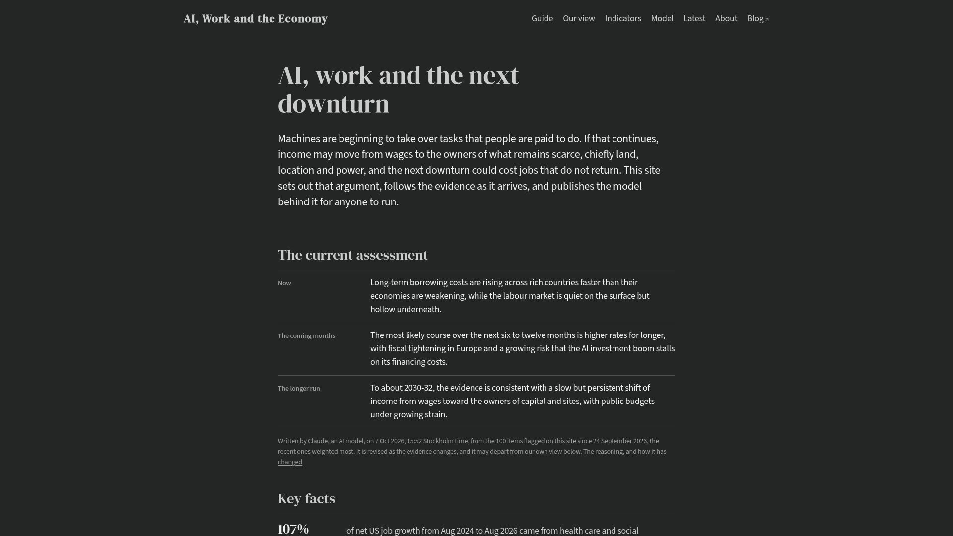 Screenshot of watch.wilsoniumite.com: AI, Work, and the Next Downturn