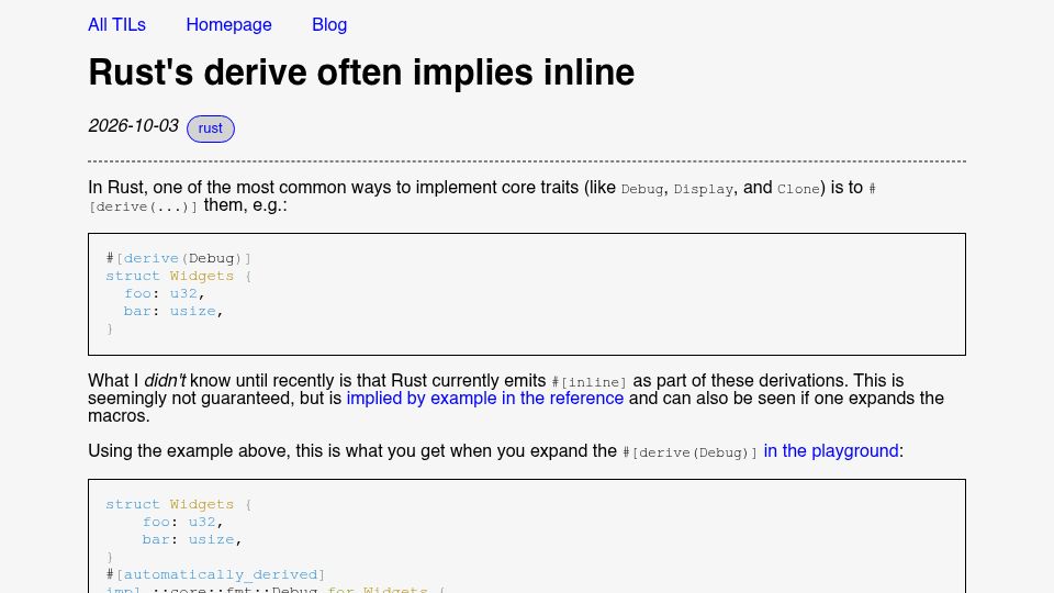 Screenshot of yossarian.net: Rust's derive often implies inline
