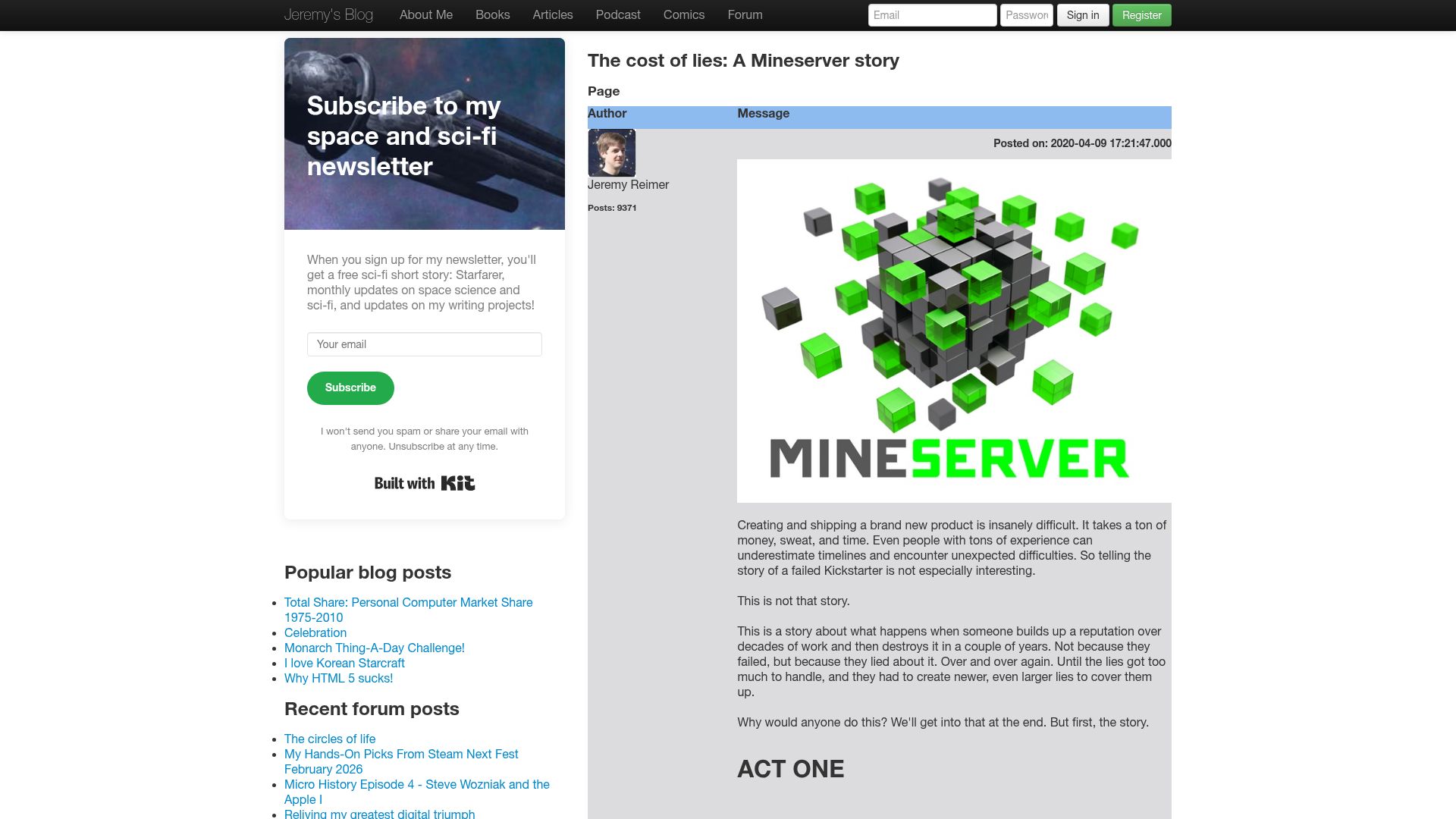Screenshot of jeremyreimer.com: The cost of lies: A Mineserver story