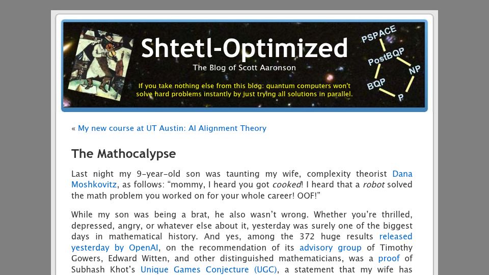 Screenshot of scottaaronson.blog: The Mathocalypse
