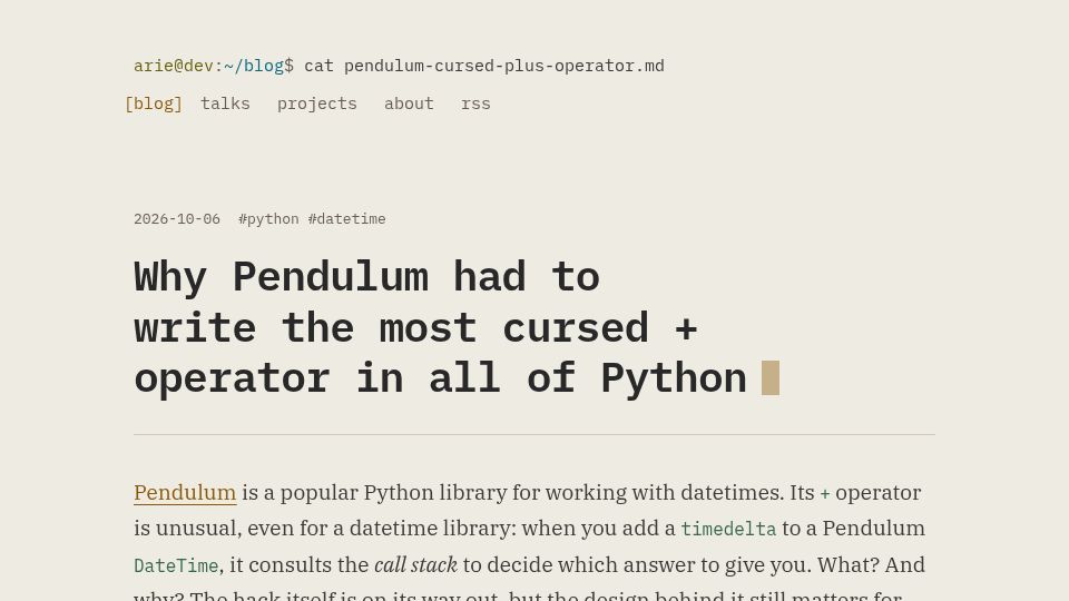 Screenshot of dev.arie.bovenberg.net: Why Pendulum had to write the most cursed "+" operator in all of Python
