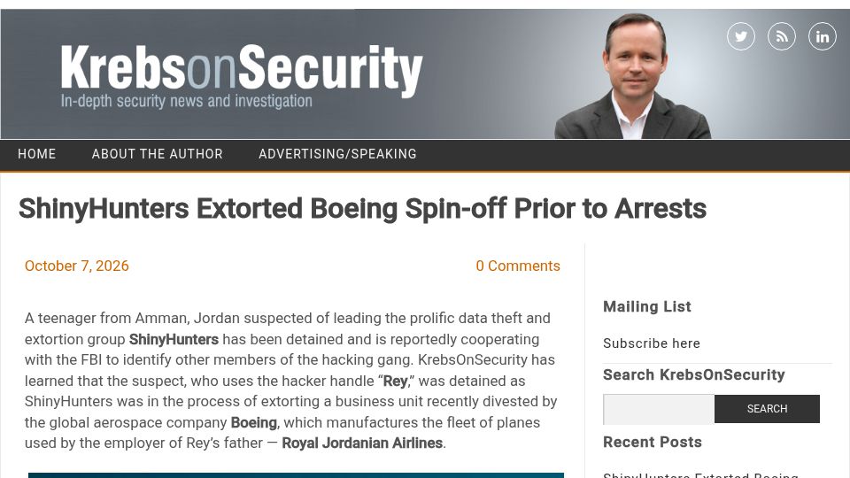 Screenshot of krebsonsecurity.com: ShinyHunters Extorted Boeing Spin-Off Prior to Arrests