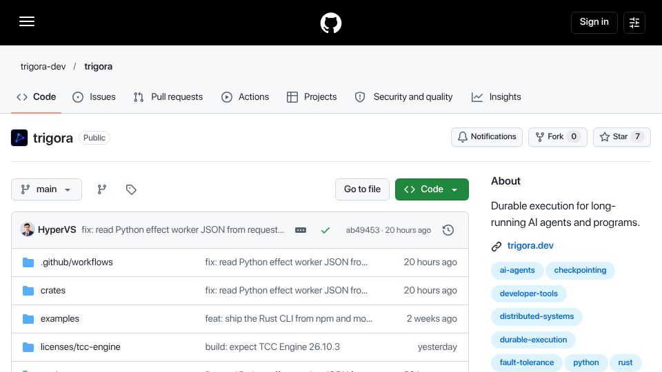 Screenshot of github.com: Show HN: Trigora – durable execution without history replay