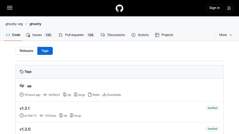 Screenshot of github.com: No new Ghostty updates since March