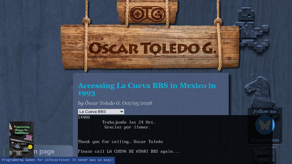 Screenshot of nanochess.org: La Cueva BBS in Mexico in 1993 (session replay)