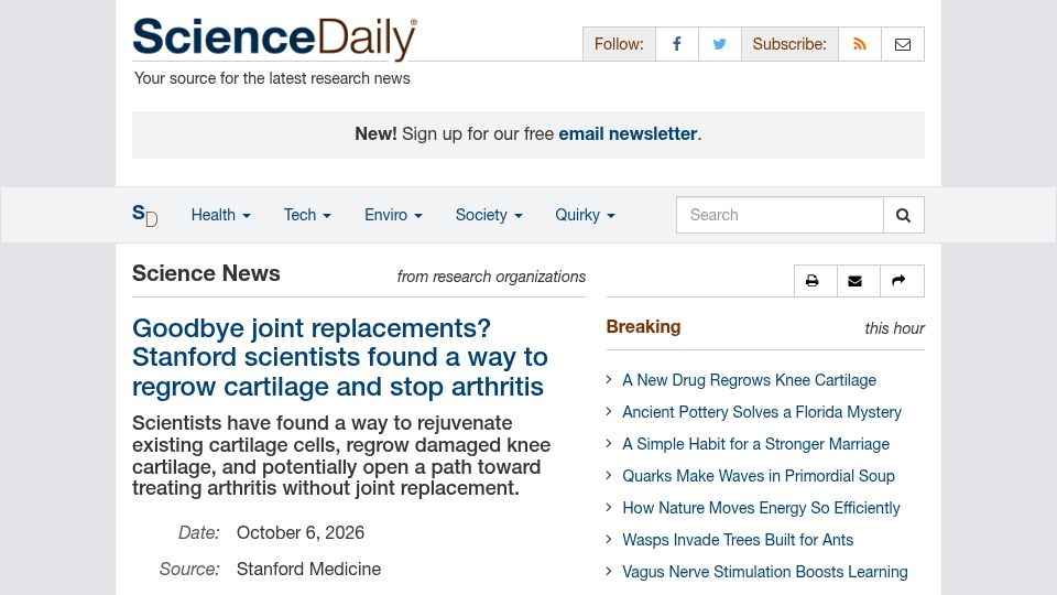 Screenshot of sciencedaily.com: Stanford scientists found a way to regrow cartilage and stop arthritis