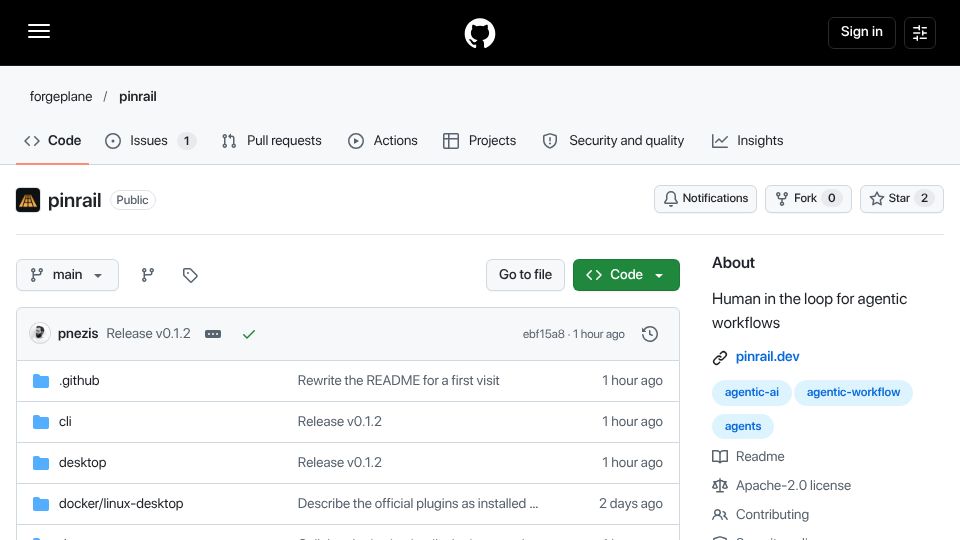 Screenshot of github.com: Show HN: Pinrail – A desktop inbox where coding agents wait for your review