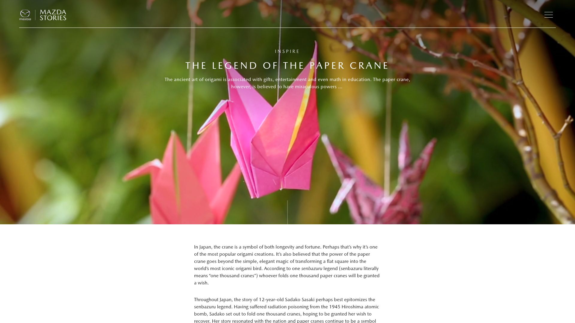 Screenshot of mazdastories.com: The Legend of the Paper Crane