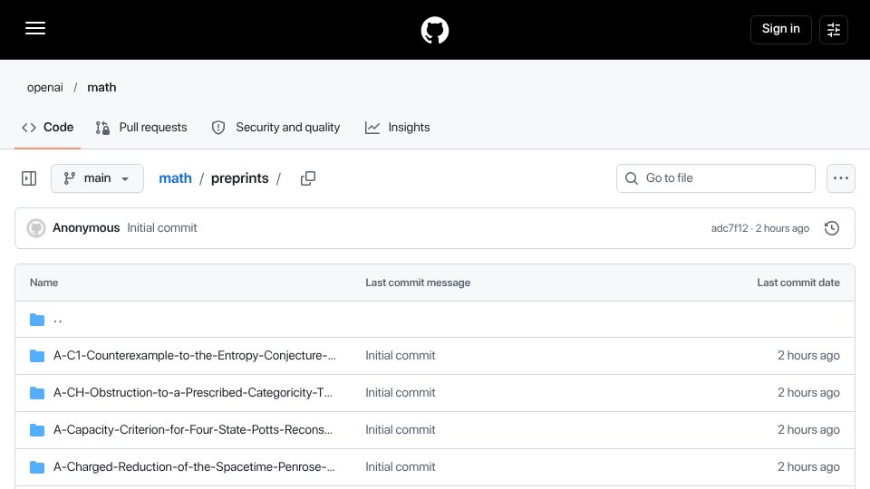 Screenshot of github.com: OpenAI just dropped 700 preprints of mathematical proofs and counterexamples